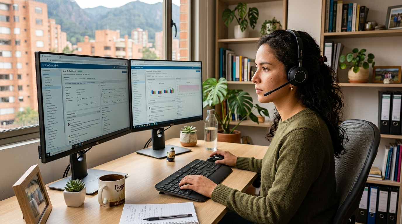 Nearshore virtual medical scribe based in Latin America documenting a patient encounter in real time on an EHR system, 2026