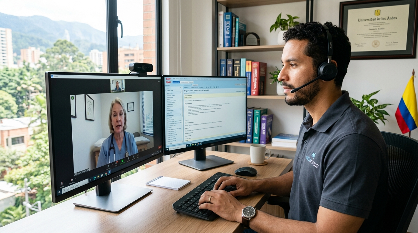 Nearshore virtual medical scribe on video call with US physician, documenting patient encounter in Epic EHR in real time