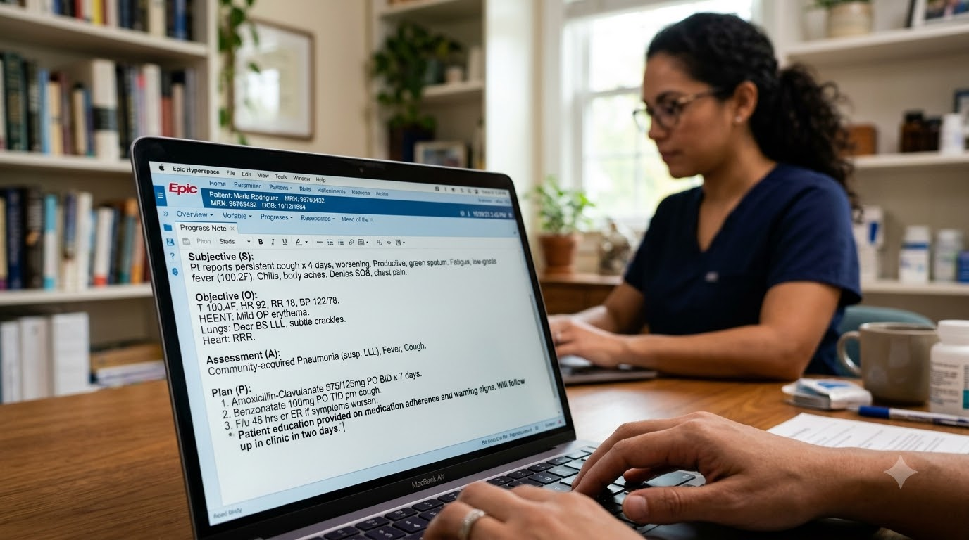 Epic EHR SOAP note being completed in real time by a nearshore virtual medical scribe based in Latin America, 2026