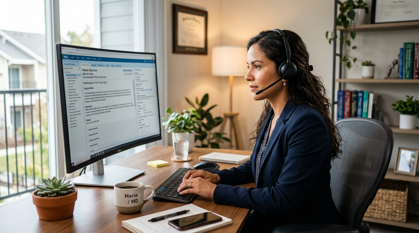 Nearshore virtual medical scribe typing real-time clinical notes into an EHR during a physician encounter in 2026