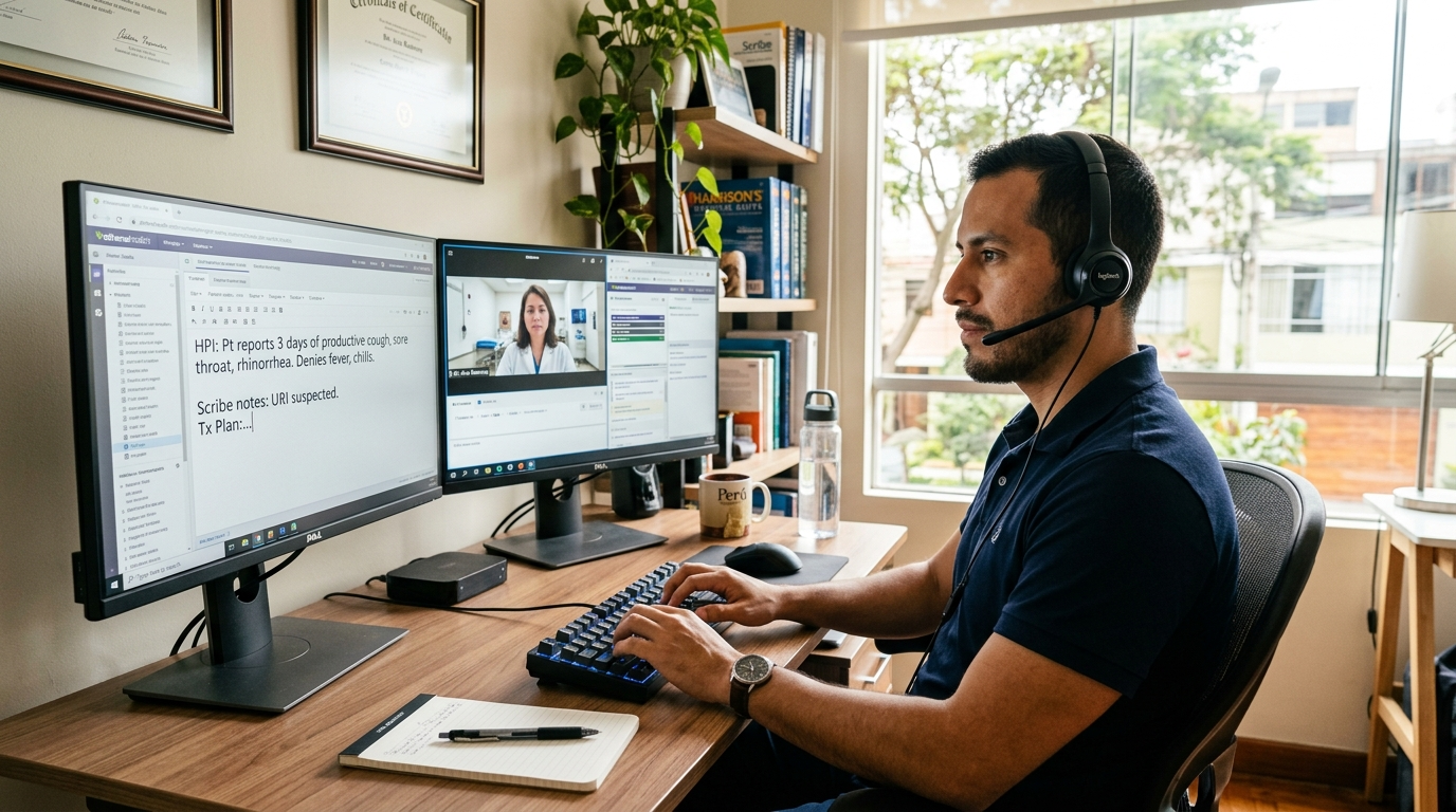 Latin American nearshore virtual medical scribe working US hours, entering clinical documentation into EHR on dual monitors
