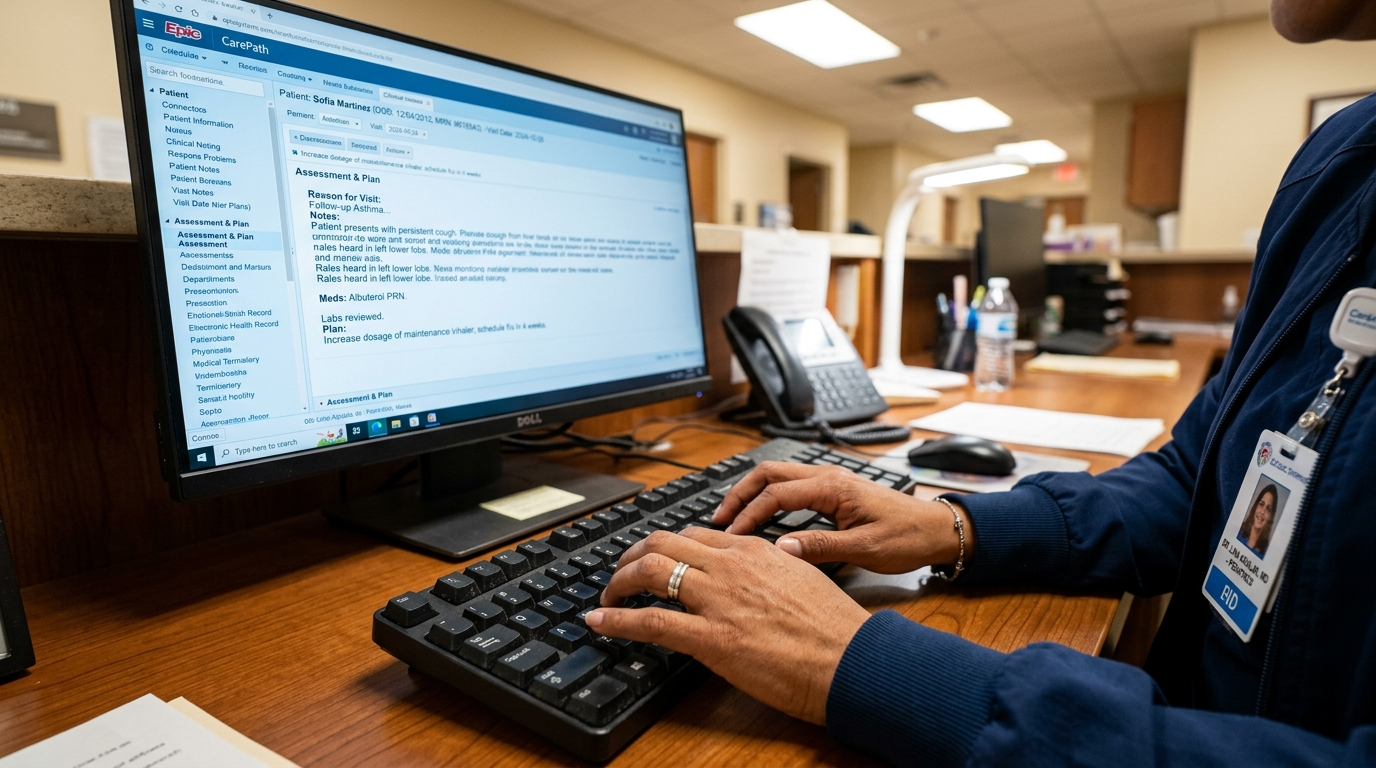 Virtual medical scribe entering specialty-specific clinical notes into EHR with real-time accuracy in a professional home office