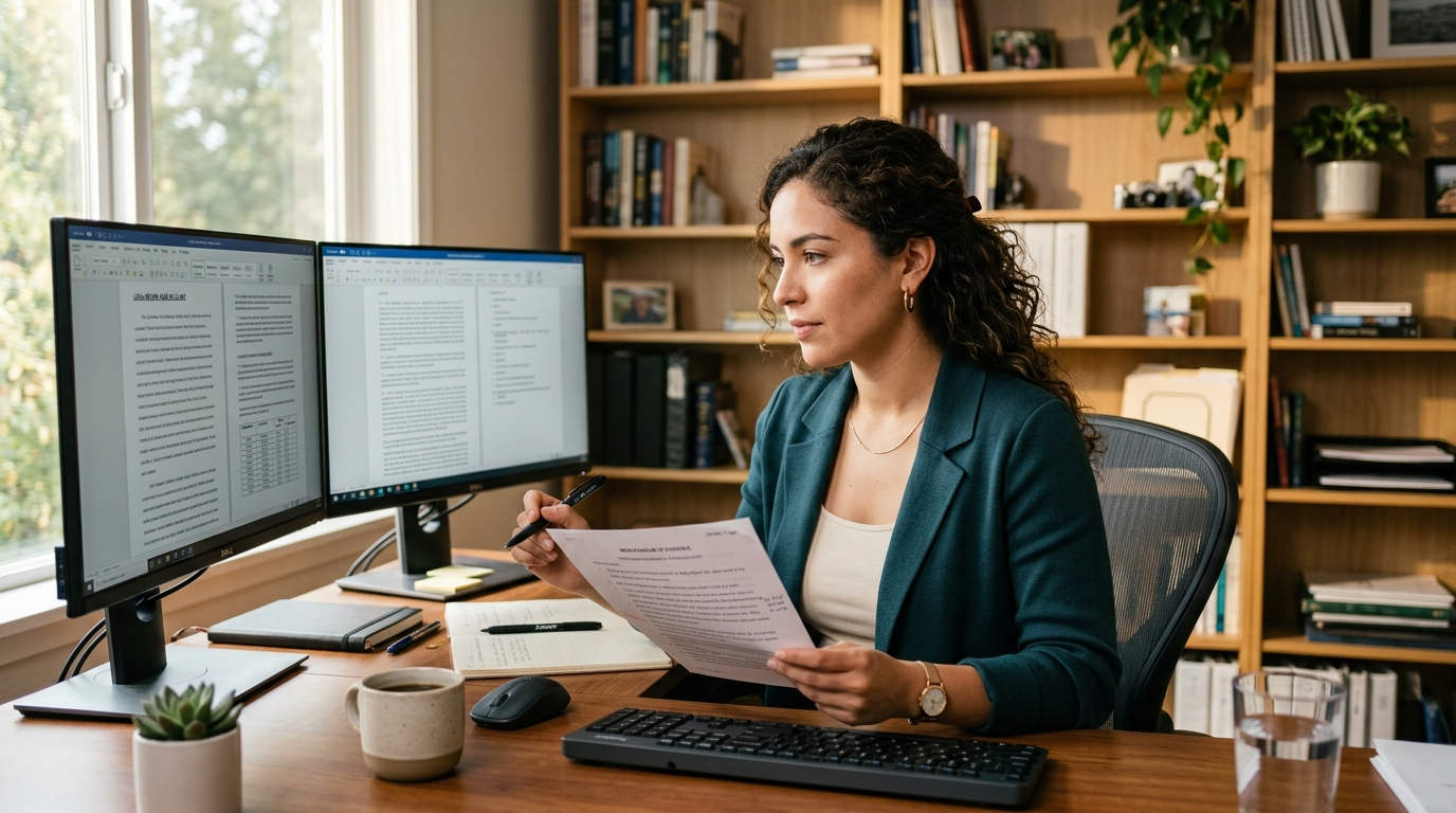 Virtual paralegal for solo attorneys reviewing legal case files on dual monitors in a nearshore Latin America home office