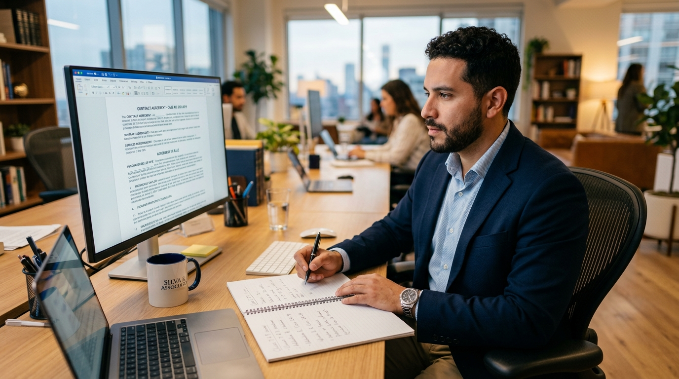 Nearshore virtual paralegal for solo attorneys reviewing legal documents at a Latin America home office in 2026