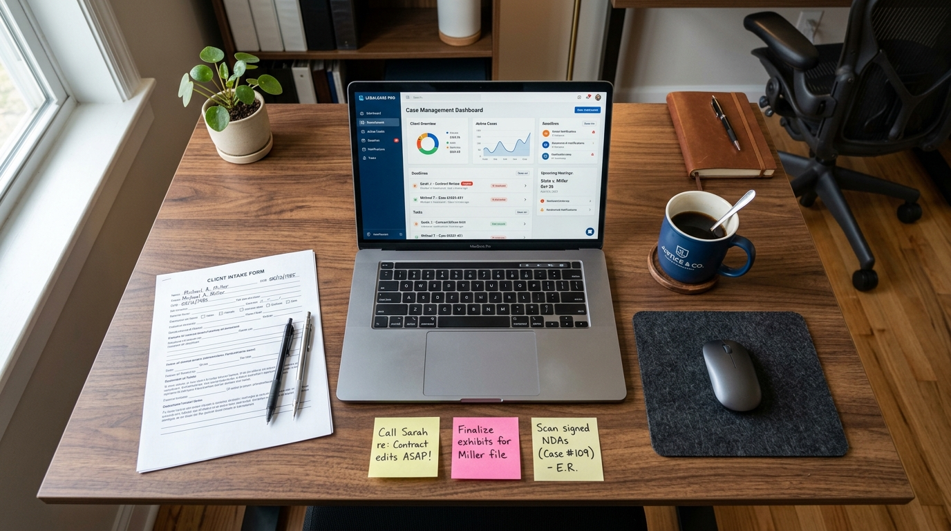 Virtual paralegal legal admin setup for solo attorneys in 2026 — case management software, intake forms, and deadline calendar on screen
