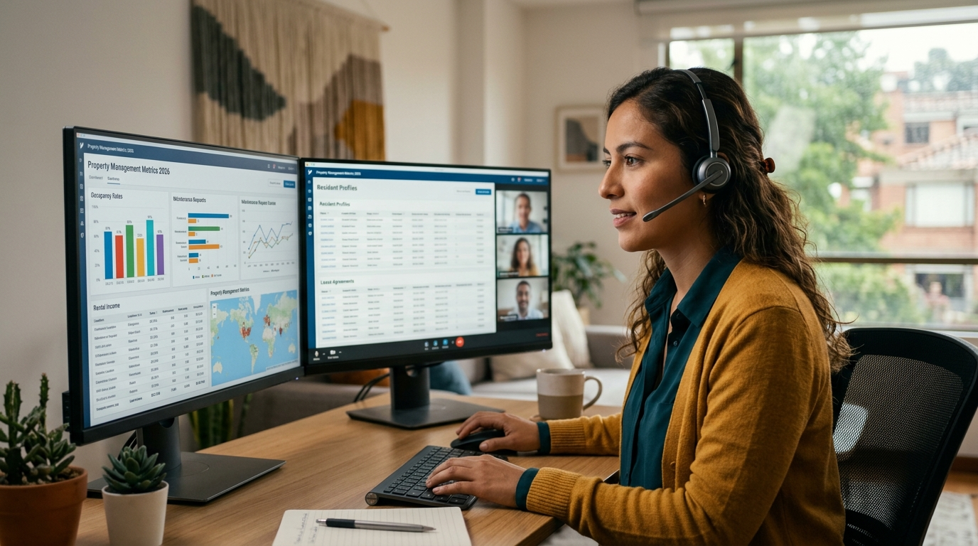 Latin American Yardi virtual assistant reviewing property management dashboards on dual monitors in 2026