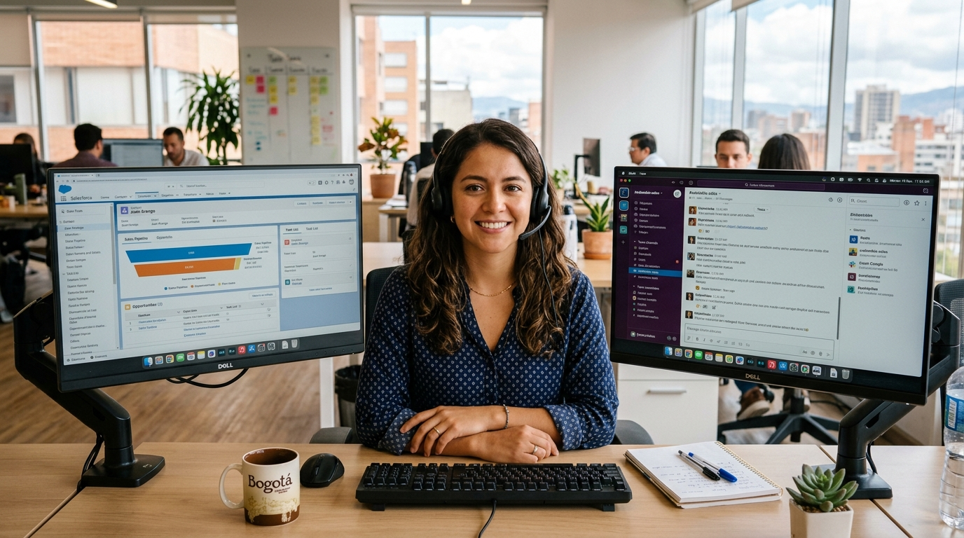 Bilingual nearshore virtual assistant in Latin America comparing costs on dual monitors during a US business-hours shift, 2026