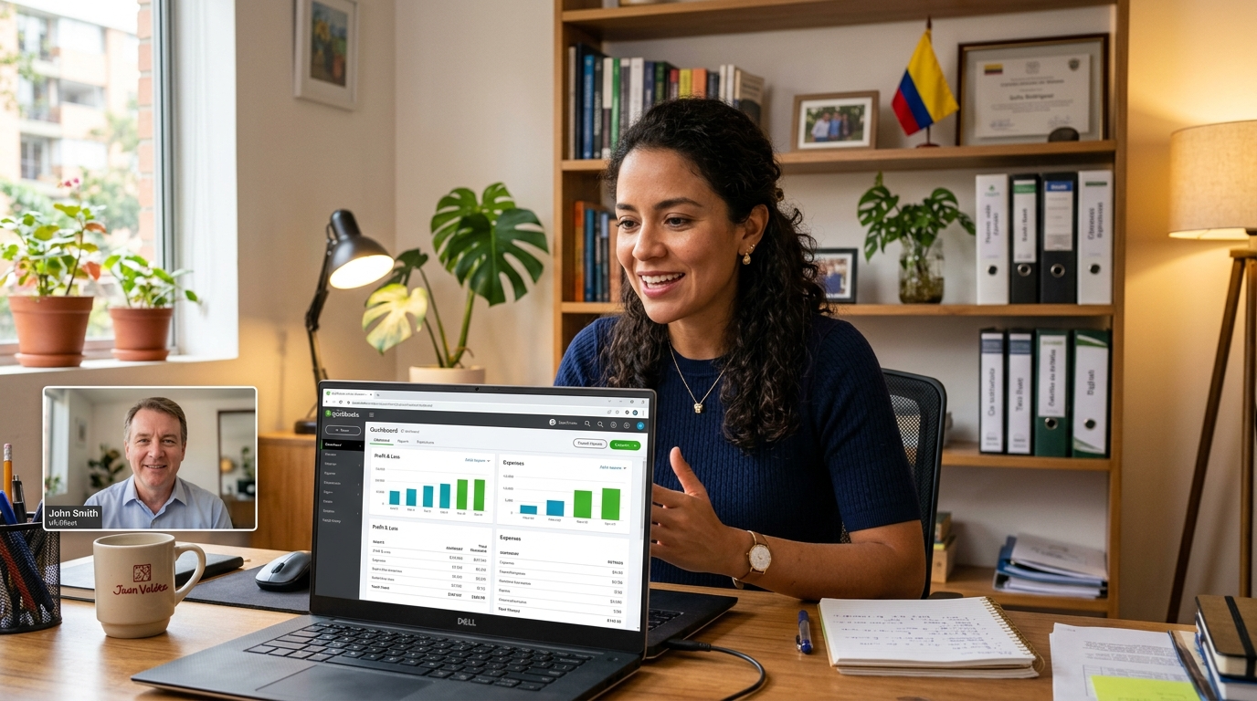 Bilingual Latin American VA on a video call with a US client, QuickBooks open on screen, nearshore bilingual assistant cost comparison context
