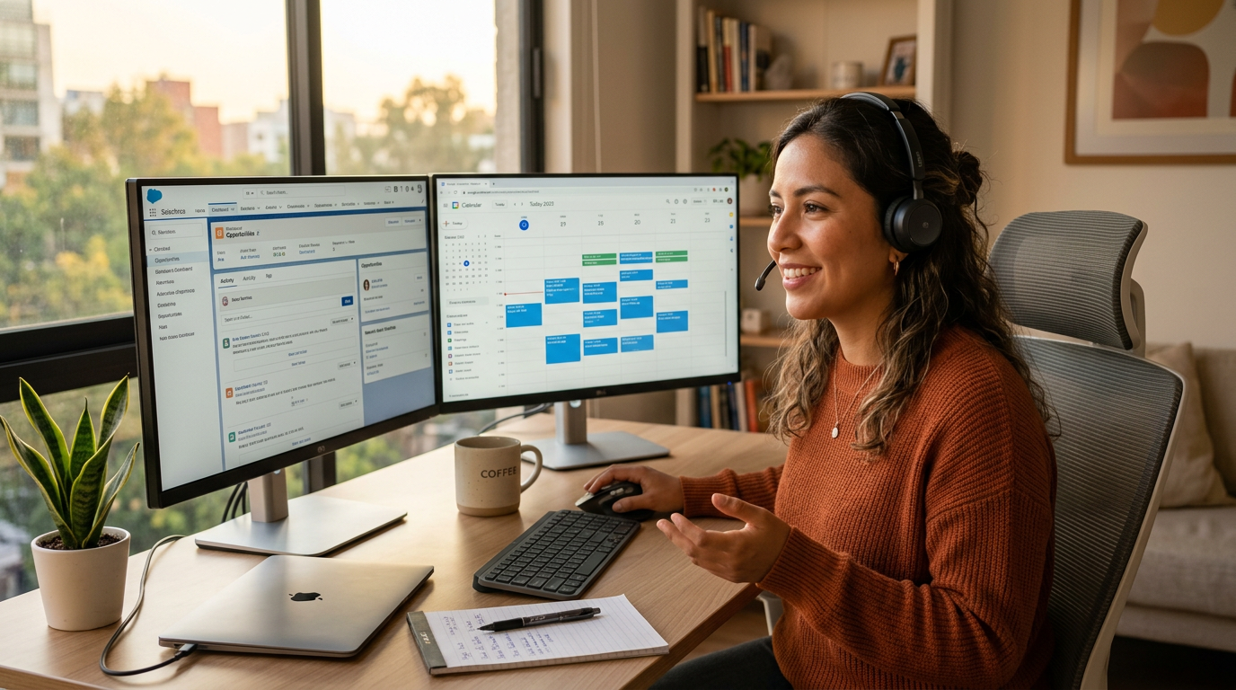 Bilingual nearshore virtual assistant working at a dual-monitor home office in Latin America, demonstrating real-world VA ROI in 2026