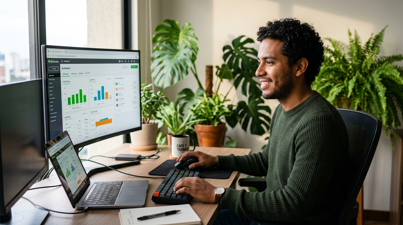 Nearshore bilingual VA managing QuickBooks bookkeeping with AI copilot assistance, showing ROI from AI-augmented virtual staffing in 2026