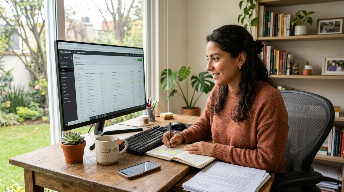 Nearshore virtual bookkeeper reviewing QuickBooks ledger on dual monitors in a bright Latin American home office
