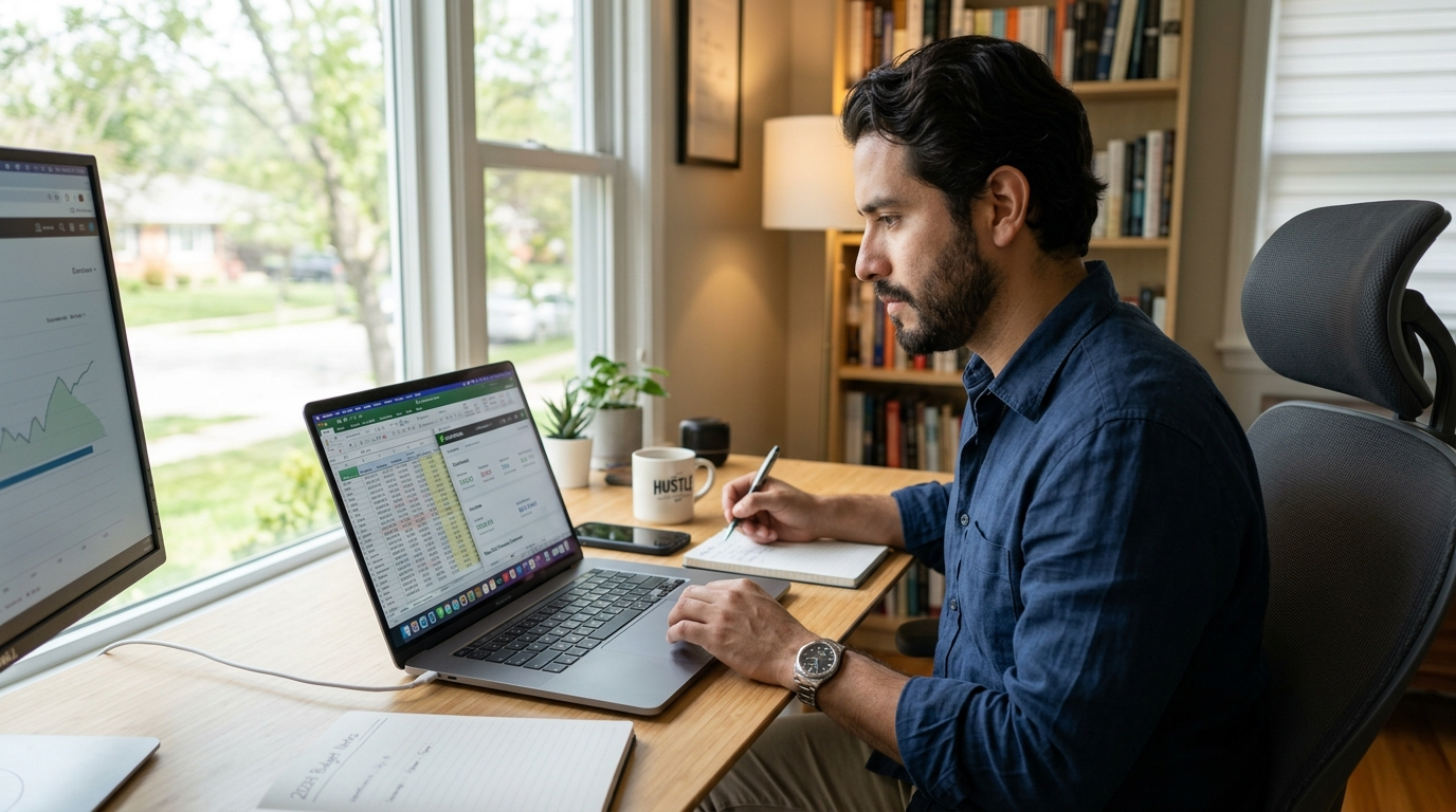 Nearshore virtual bookkeeper analyzing QuickBooks financial dashboard on laptop in Latin American home office
