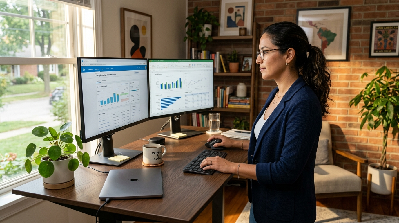 Virtual bookkeeper using Xero and AI-assisted financial dashboard on dual monitors in Latin American home office