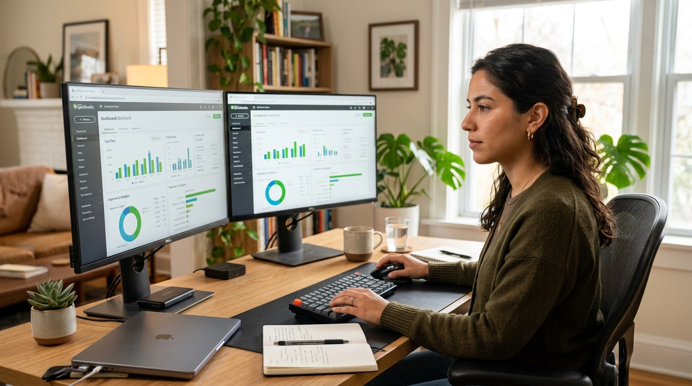 Latin American virtual assistant providing bookkeeping and accounting support for small businesses using QuickBooks on dual monitors