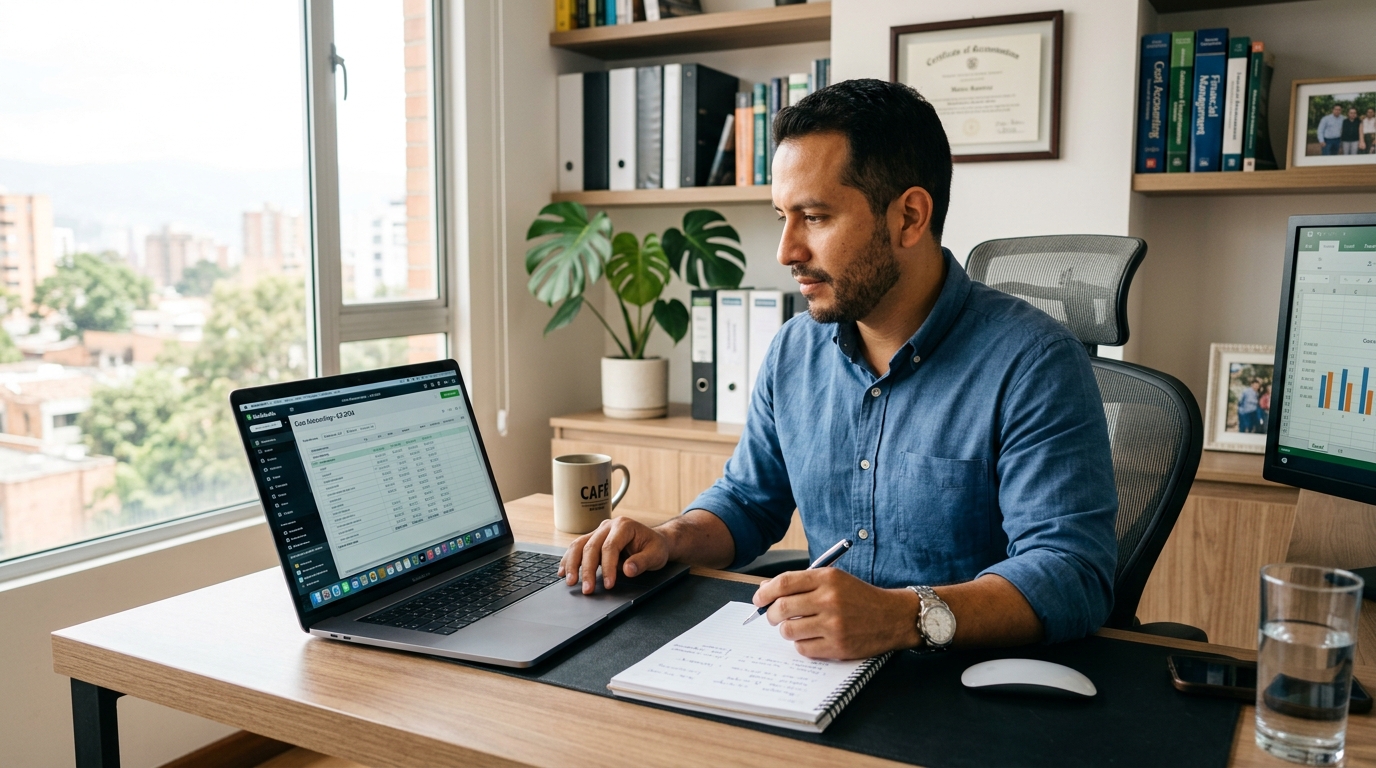 Nearshore virtual assistant reviewing cost accounting data on laptop for small business bookkeeping support