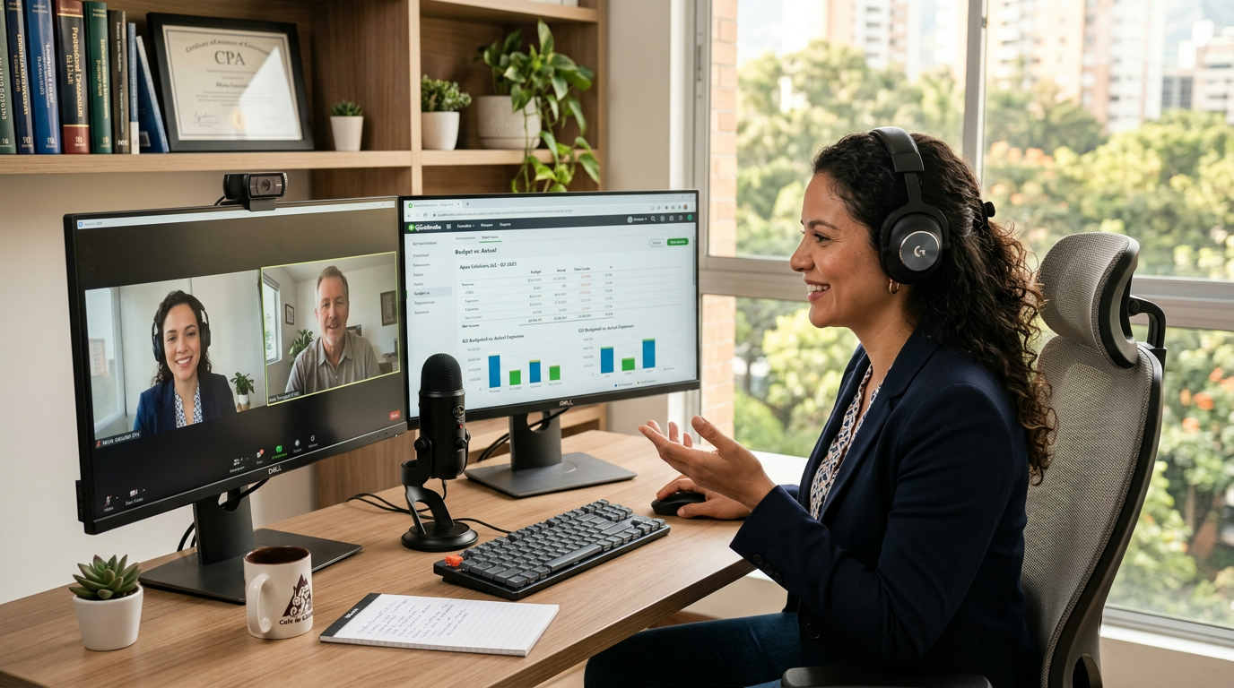 Nearshore bookkeeping VA on video call presenting budget vs actual management accounting report to US small business owner