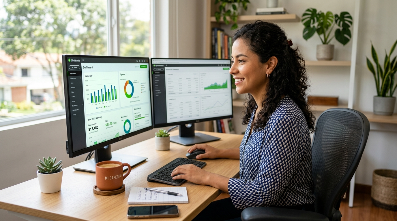 Nearshore bookkeeper reviewing QuickBooks dashboard for a US client, representing top bookkeeping outsourcing companies in 2026