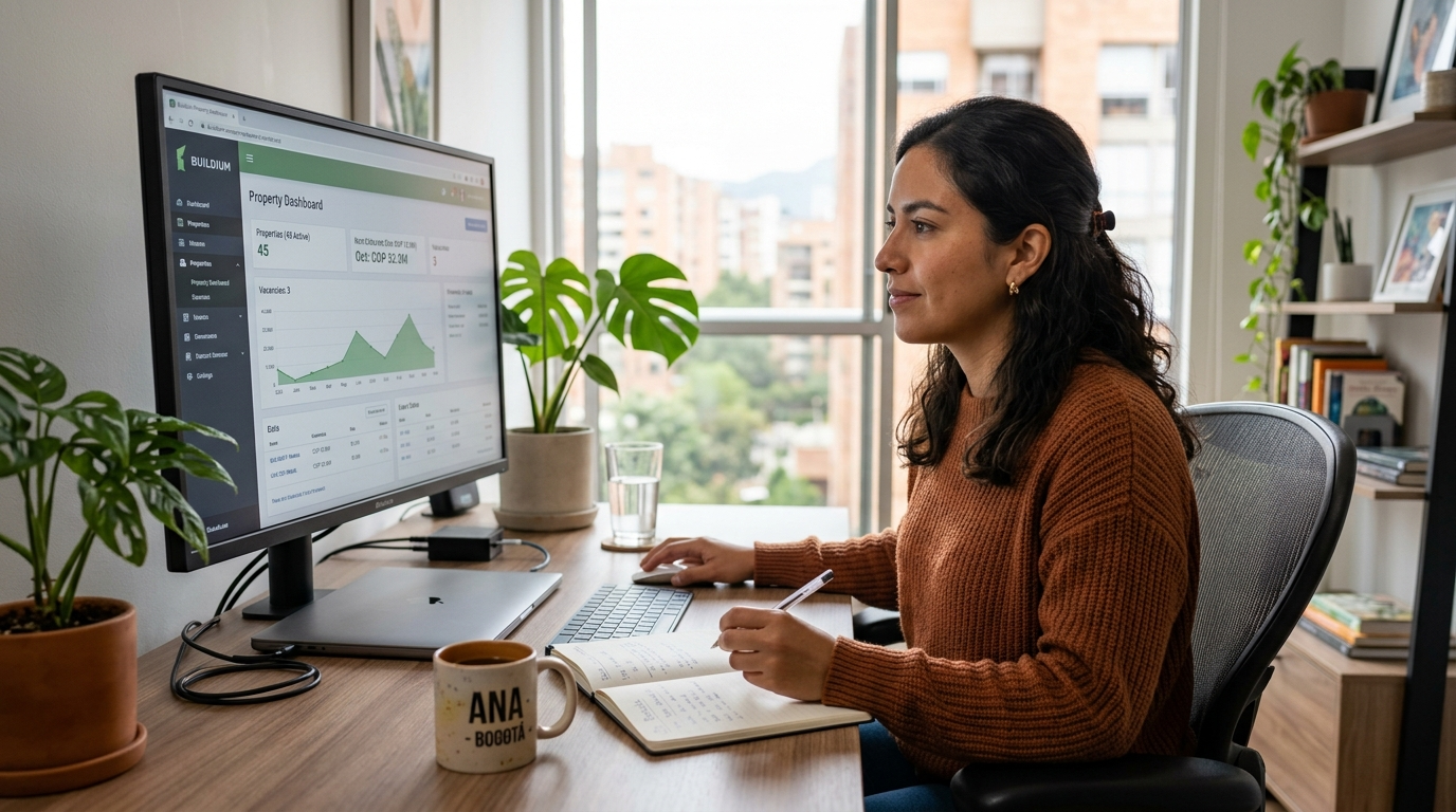 Nearshore virtual assistant reviewing a Buildium demo dashboard on a large monitor in a modern Latin American home office