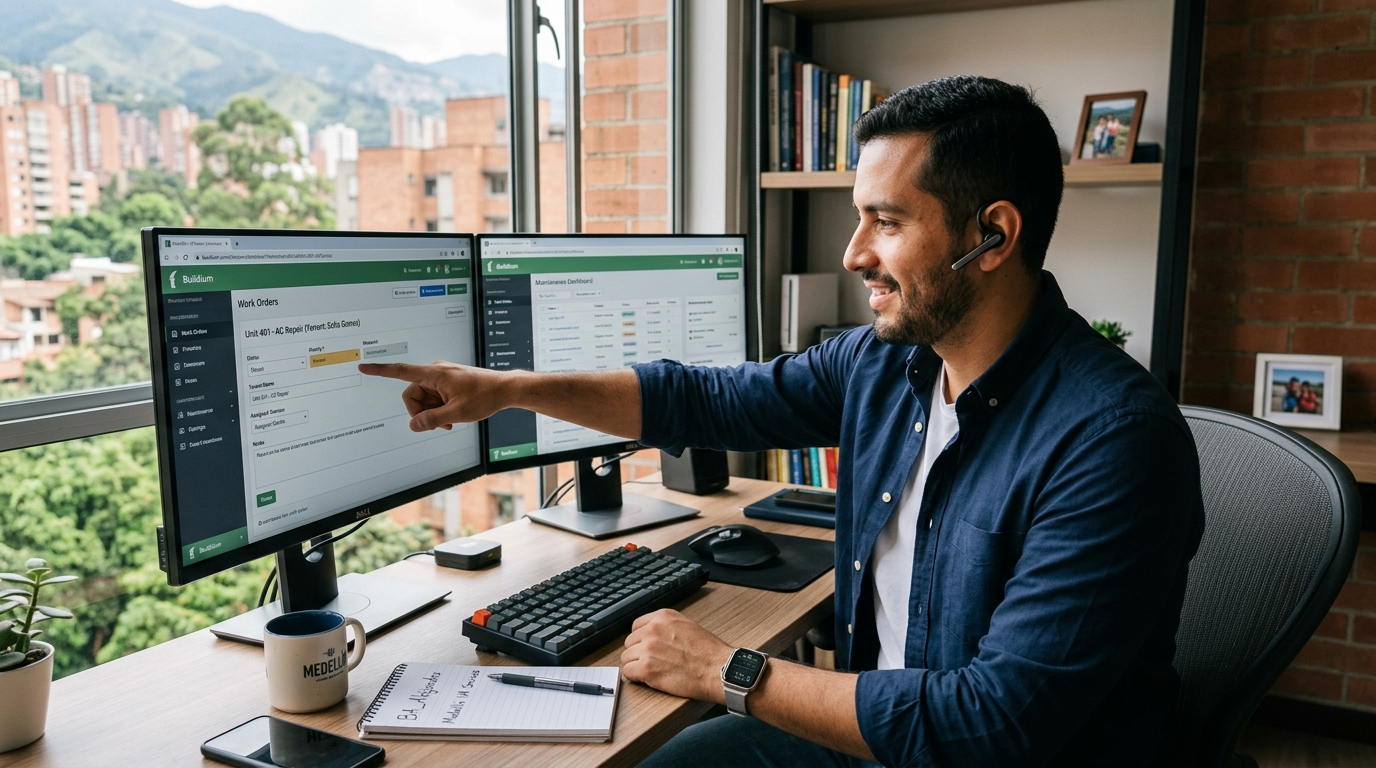 Nearshore property management VA reviewing a Buildium maintenance work order dashboard on dual monitors in a Latin American home office