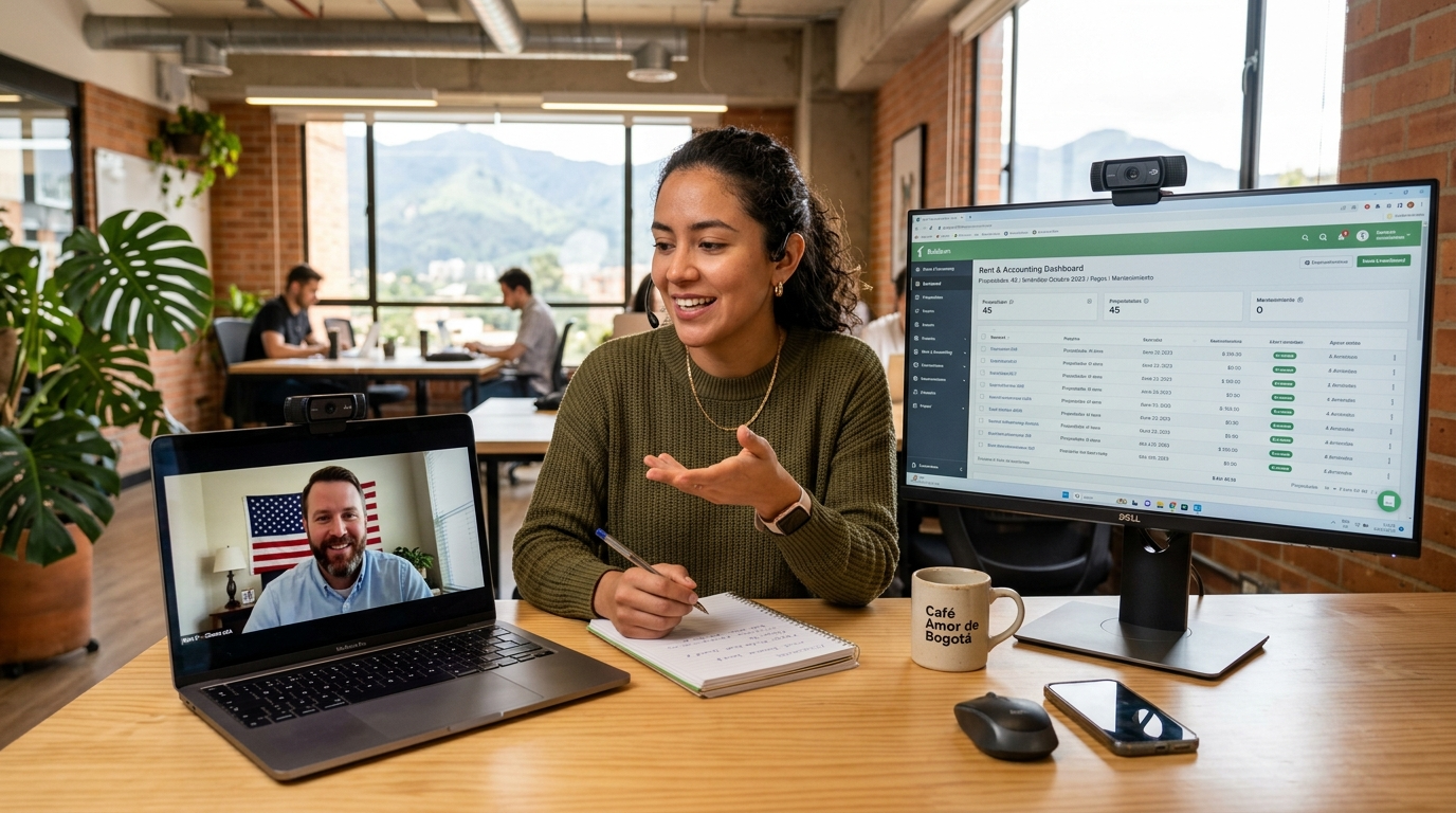 Latin American nearshore VA on a video call with a US property manager while managing a Buildium property dashboard on a second screen