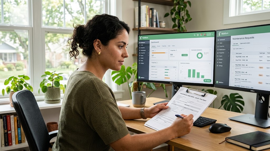 Buildium virtual assistant at a modern Latin American home office managing property maintenance work orders on dual monitors