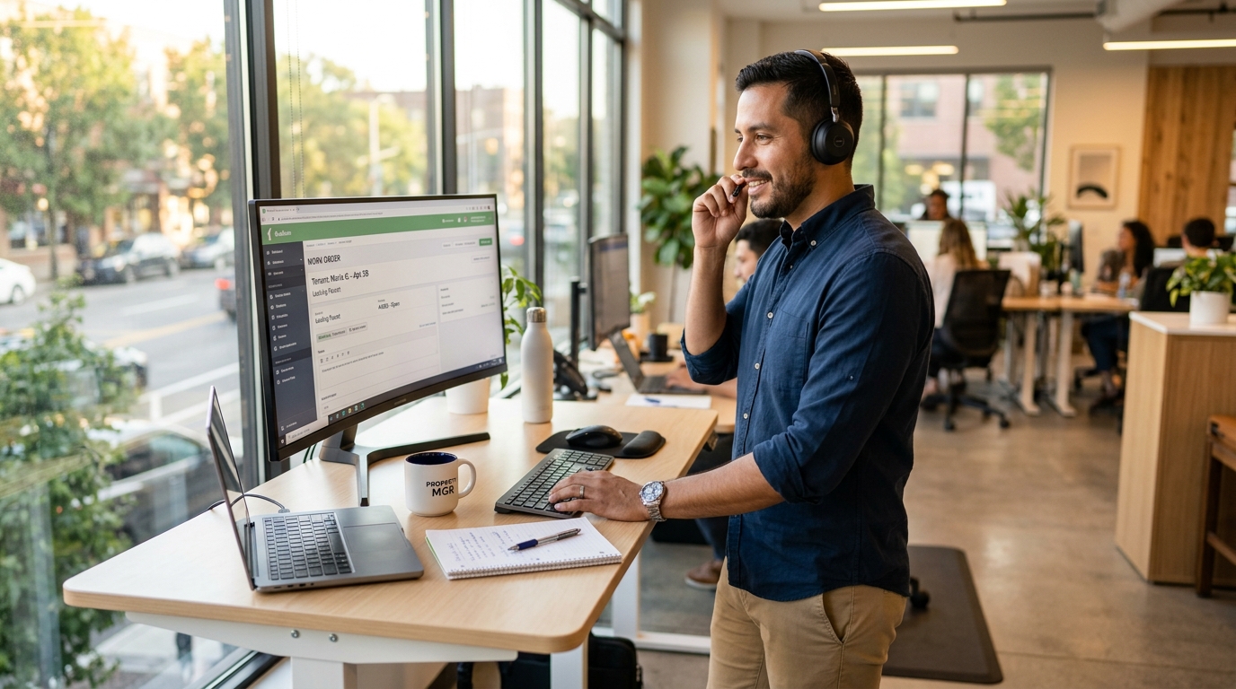 Buildium virtual assistant on a tenant call managing a work order in the Buildium platform, home office setting
