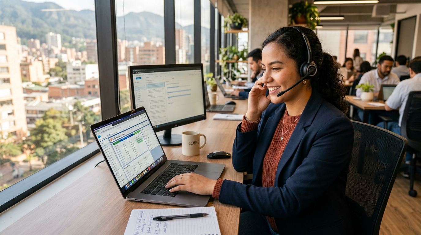 Nearshore SDR in Latin America booking qualified B2B SaaS meetings via CRM on a laptop during US business hours