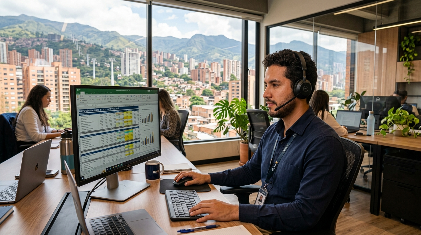Nearshore virtual assistant in Medellín reviewing client data during US business hours for a staffing partner placement