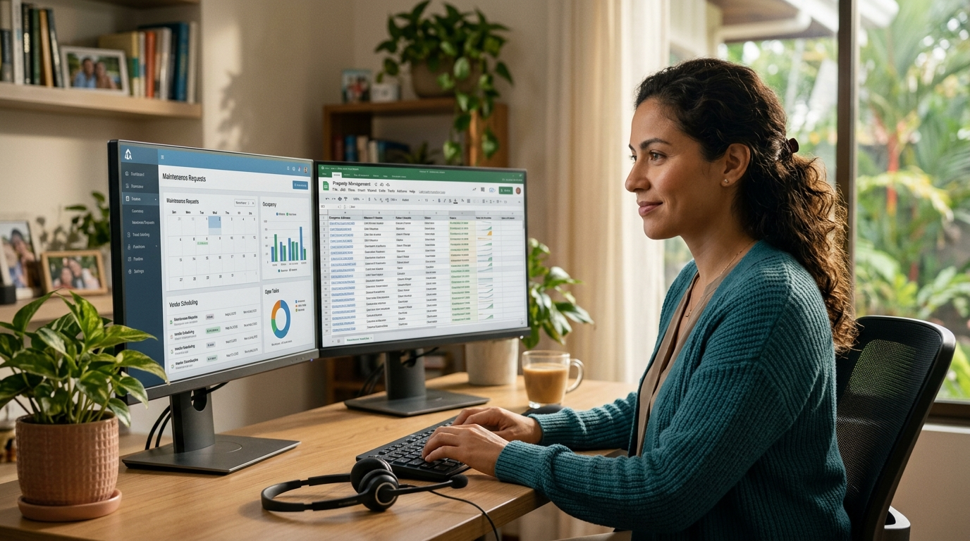 Nearshore virtual assistant managing HOA workflows on dual monitors showing property management software dashboard