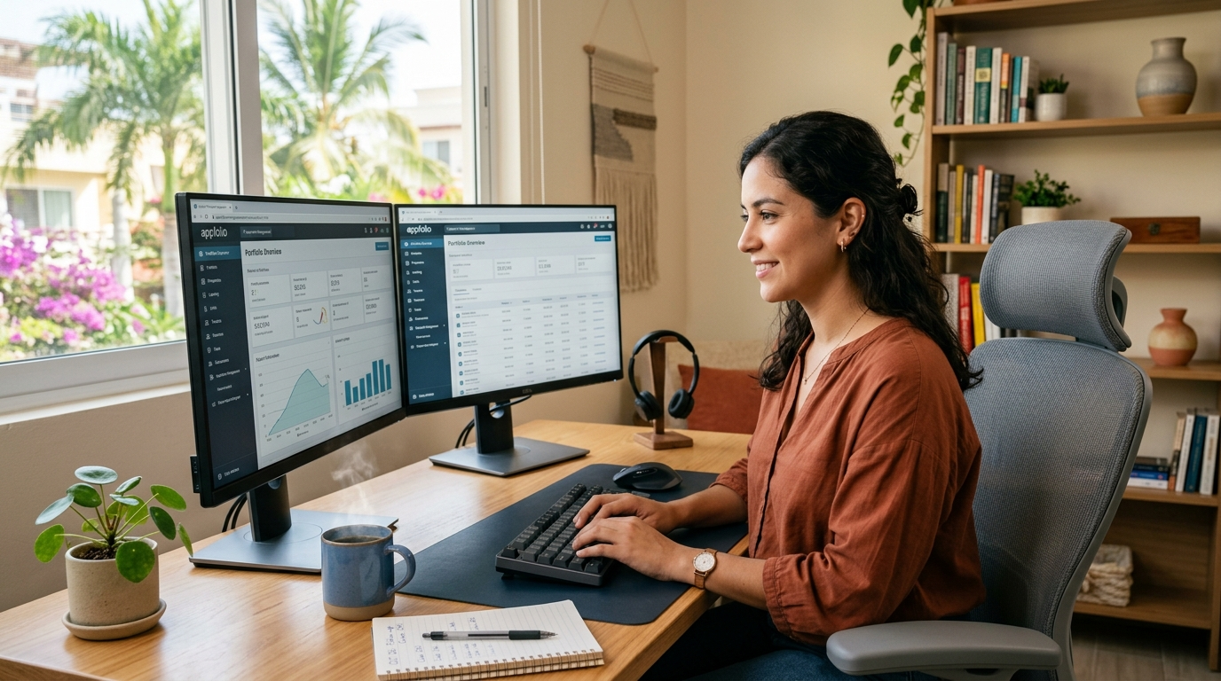 Nearshore virtual assistant working in AppFolio property management software on dual monitors at a modern Latin American home office