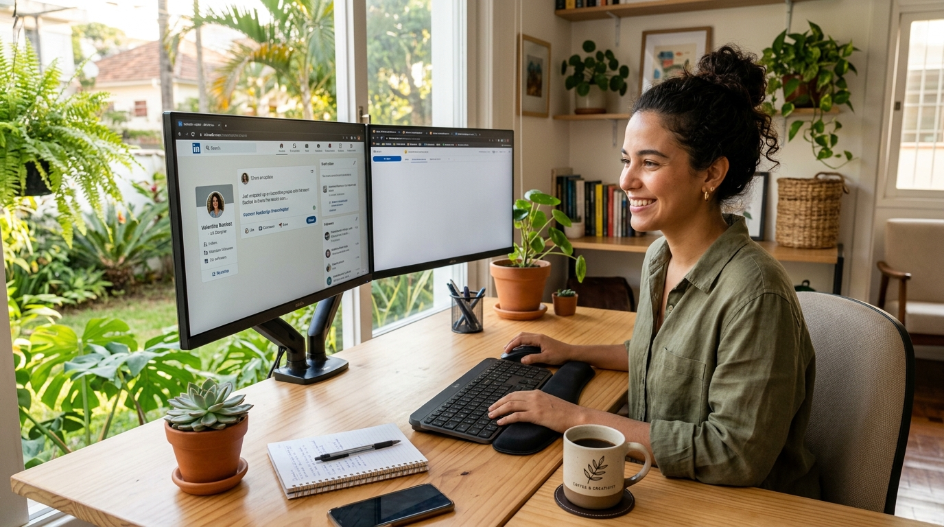 Nearshore virtual assistant writing LinkedIn posts and ghostwriting content on dual monitors in a Latin American home office