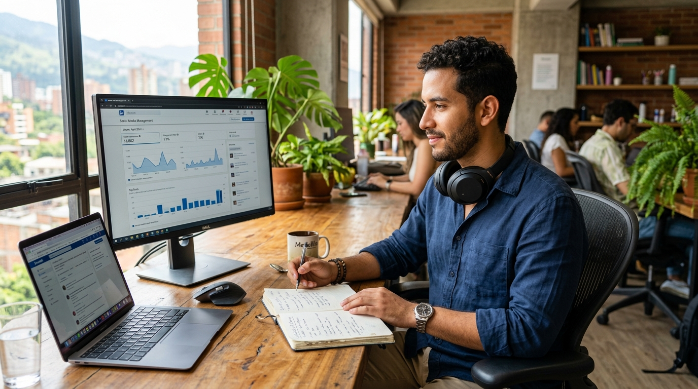 Nearshore VA reviewing LinkedIn analytics dashboard to optimize ghostwritten posts during US business hours