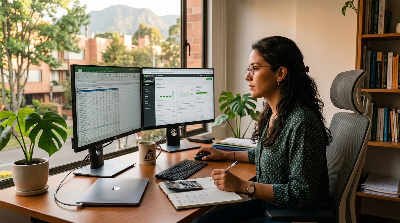 Nearshore virtual bookkeeper in Latin America reviewing tax preparation spreadsheets on dual monitors with QuickBooks open, 2026