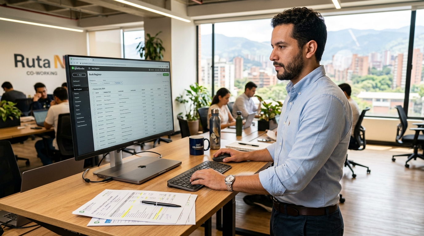 Nearshore virtual bookkeeper in Medellín working in QuickBooks preparing year-end financial reports for a US small business