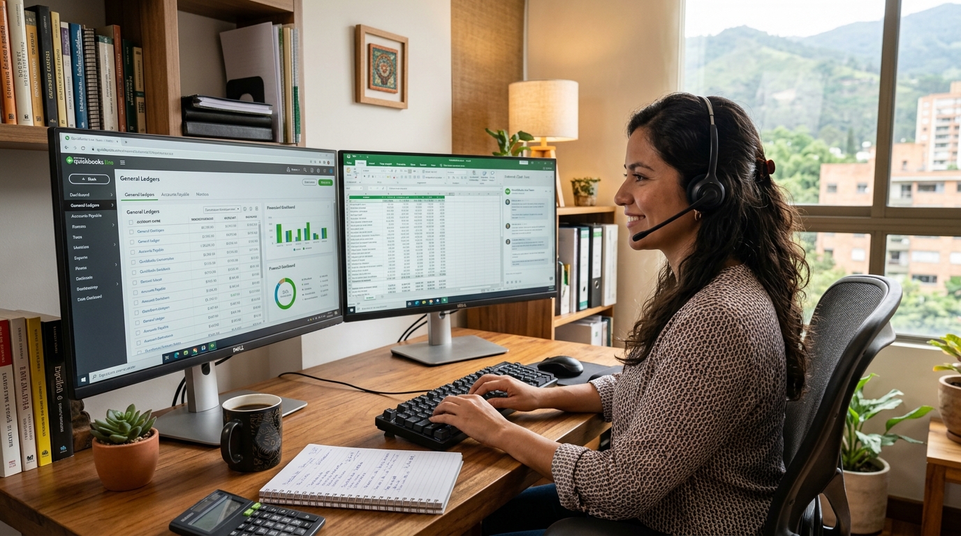Nearshore virtual bookkeeper working in QuickBooks Live on a dual-monitor home office setup in Latin America