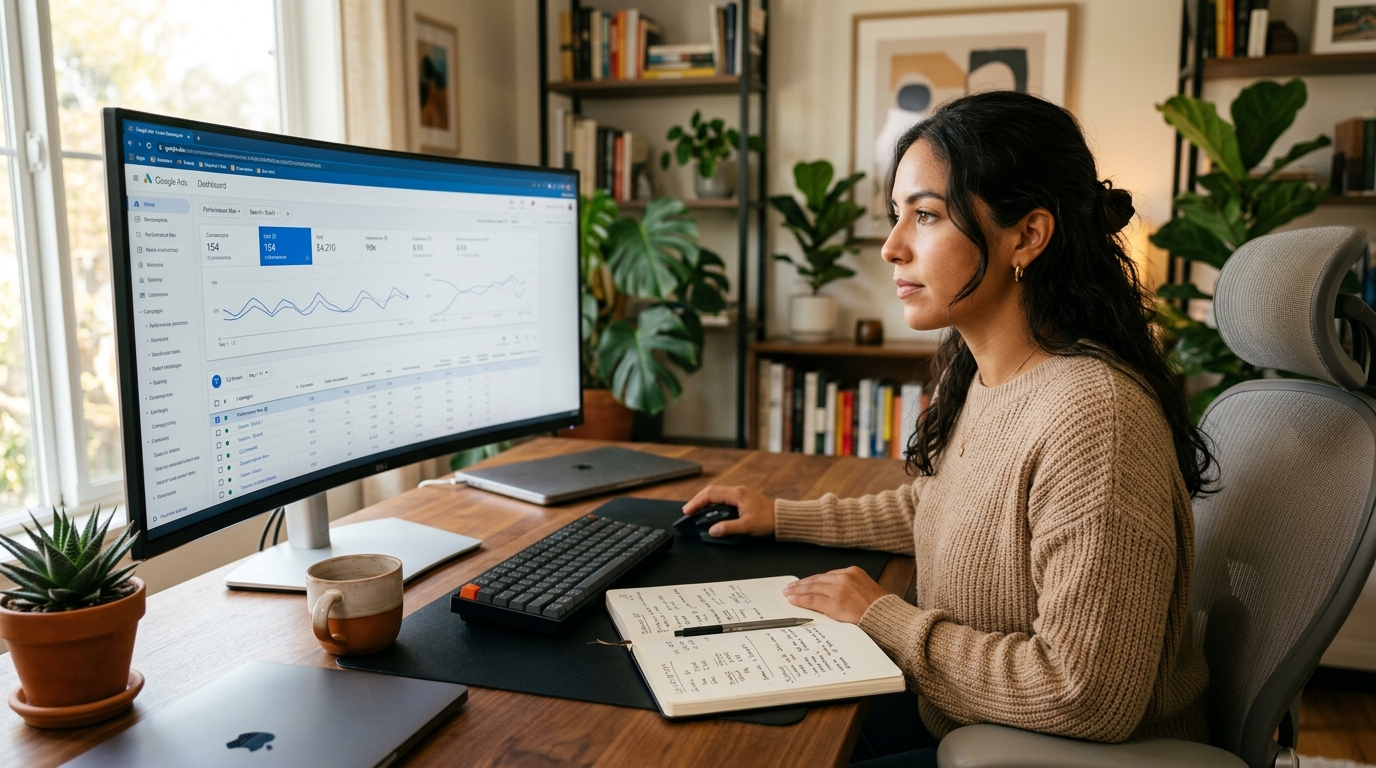 Nearshore virtual marketing assistant managing a Google Ads campaign on a desktop monitor in a Latin American home office