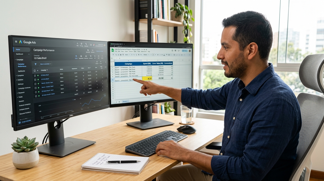 Virtual marketing assistant analyzing Google Ads ROAS data across two monitors in a nearshore Latin American office setup