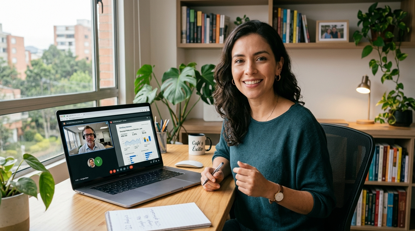 Nearshore virtual marketing assistant presenting a Google Ads weekly performance report on a video call with a US business client