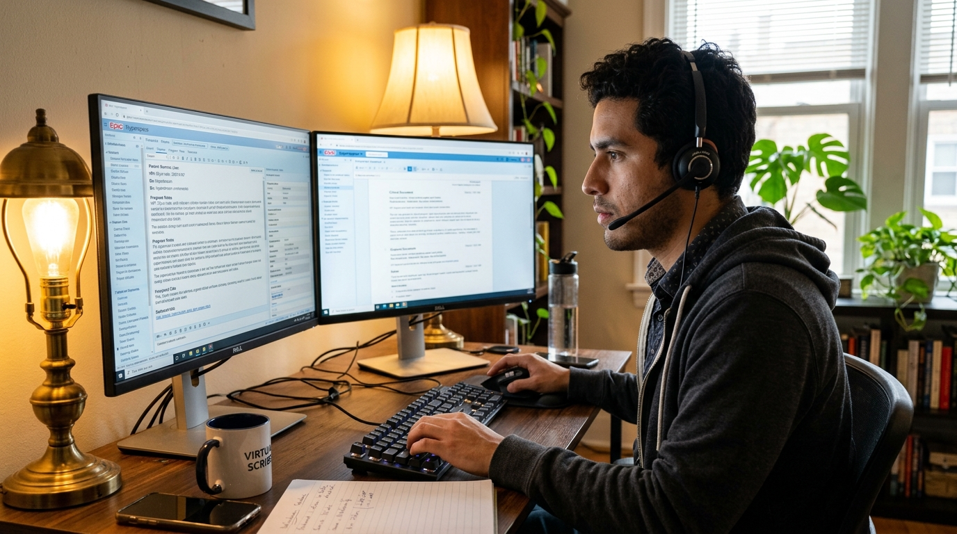 Virtual medical scribe accessing Epic EHR remotely on dual monitors during a live physician encounter