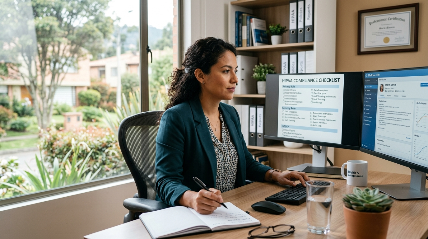 Nearshore virtual medical scribe reviewing HIPAA compliance checklist alongside an open Cerner PowerChart session
