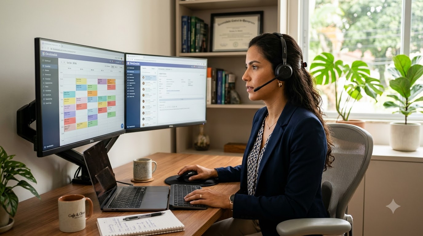 Nearshore chiropractic office virtual assistant reviewing patient scheduling software on dual monitors during US business hours