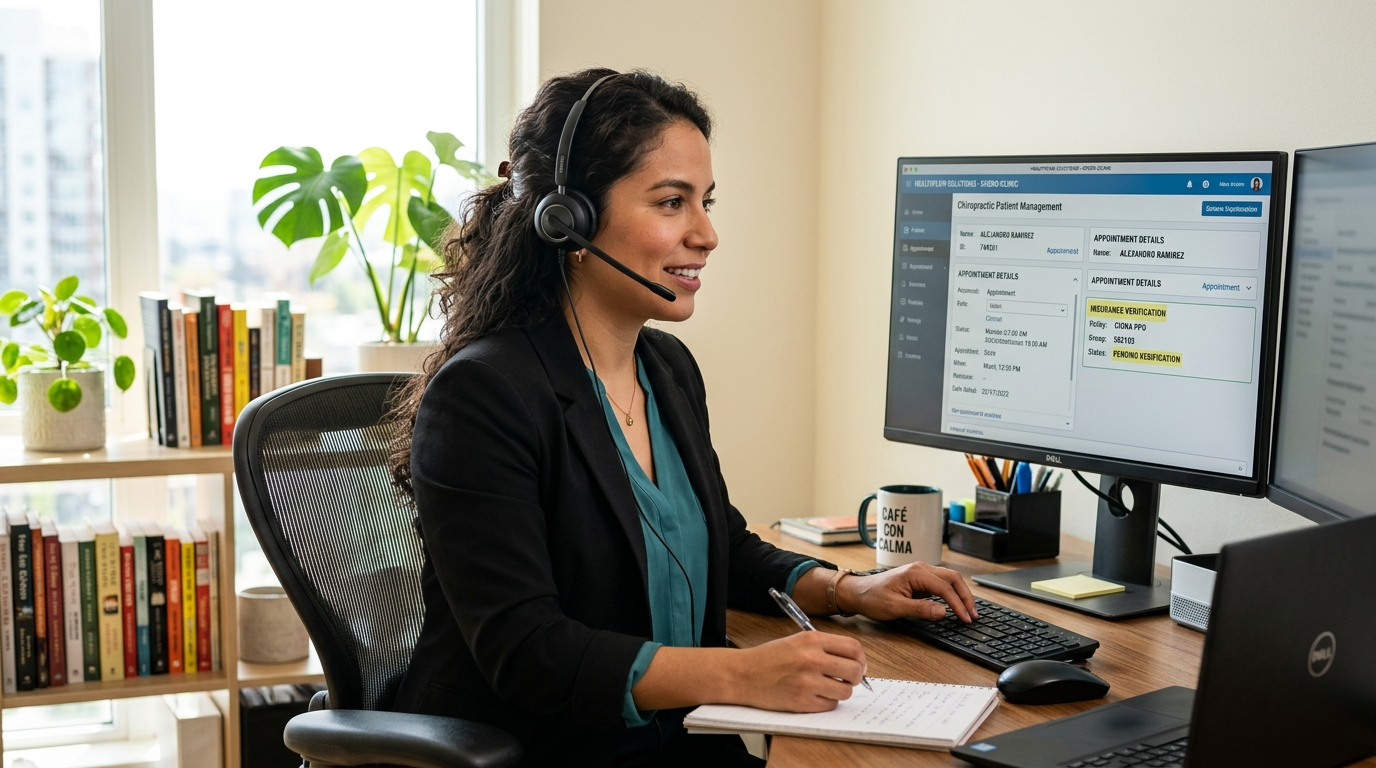 Nearshore chiropractic virtual assistant verifying patient insurance on a practice management software screen