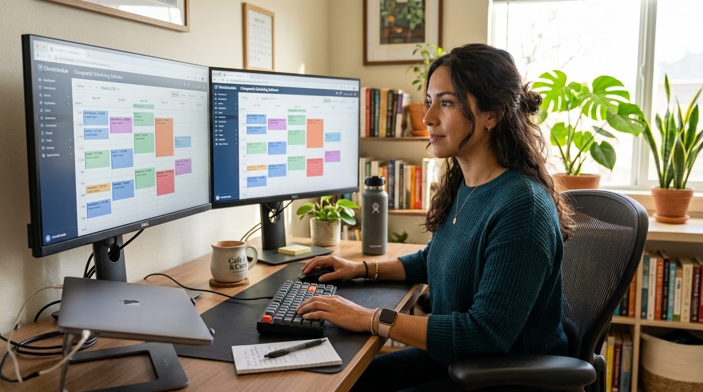 Nearshore chiropractic office virtual manager working on scheduling software from a Latin American home office in 2026