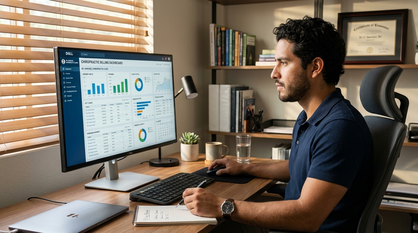 Nearshore chiropractic virtual manager reviewing insurance billing dashboard in a Latin American home office