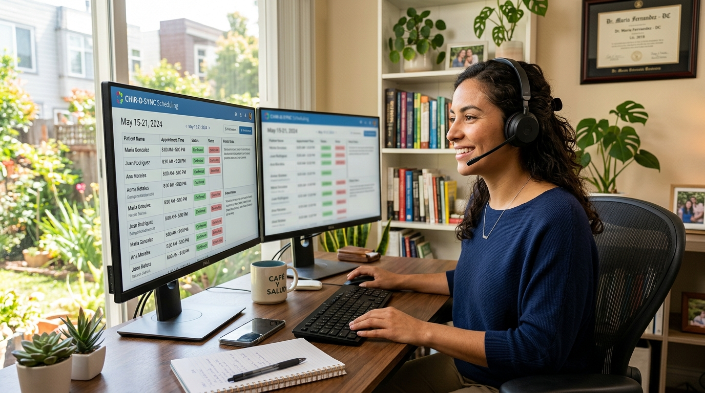 Nearshore chiropractic virtual assistant reviewing patient scheduling software at a professional Latin American home office