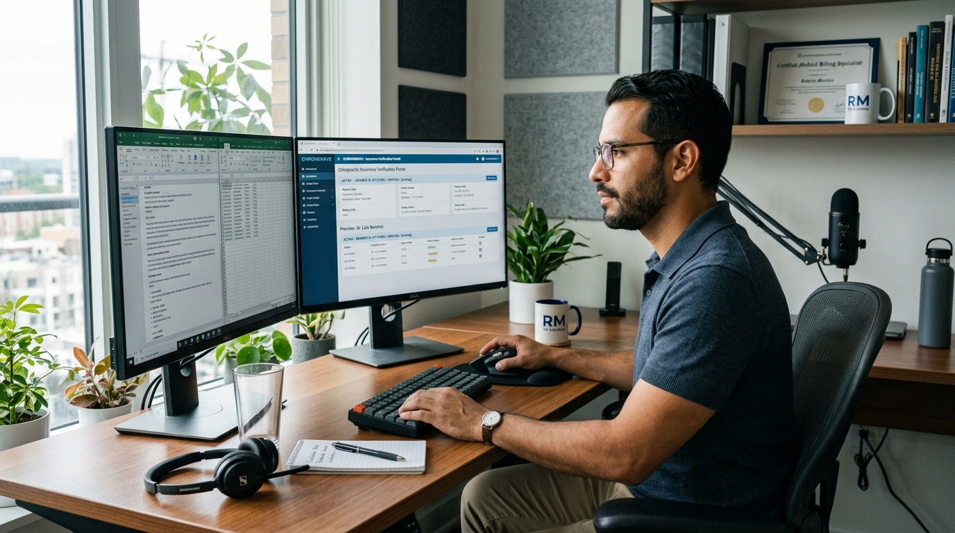 Nearshore chiropractic virtual assistant checking insurance verification portal on dual monitors during US business hours