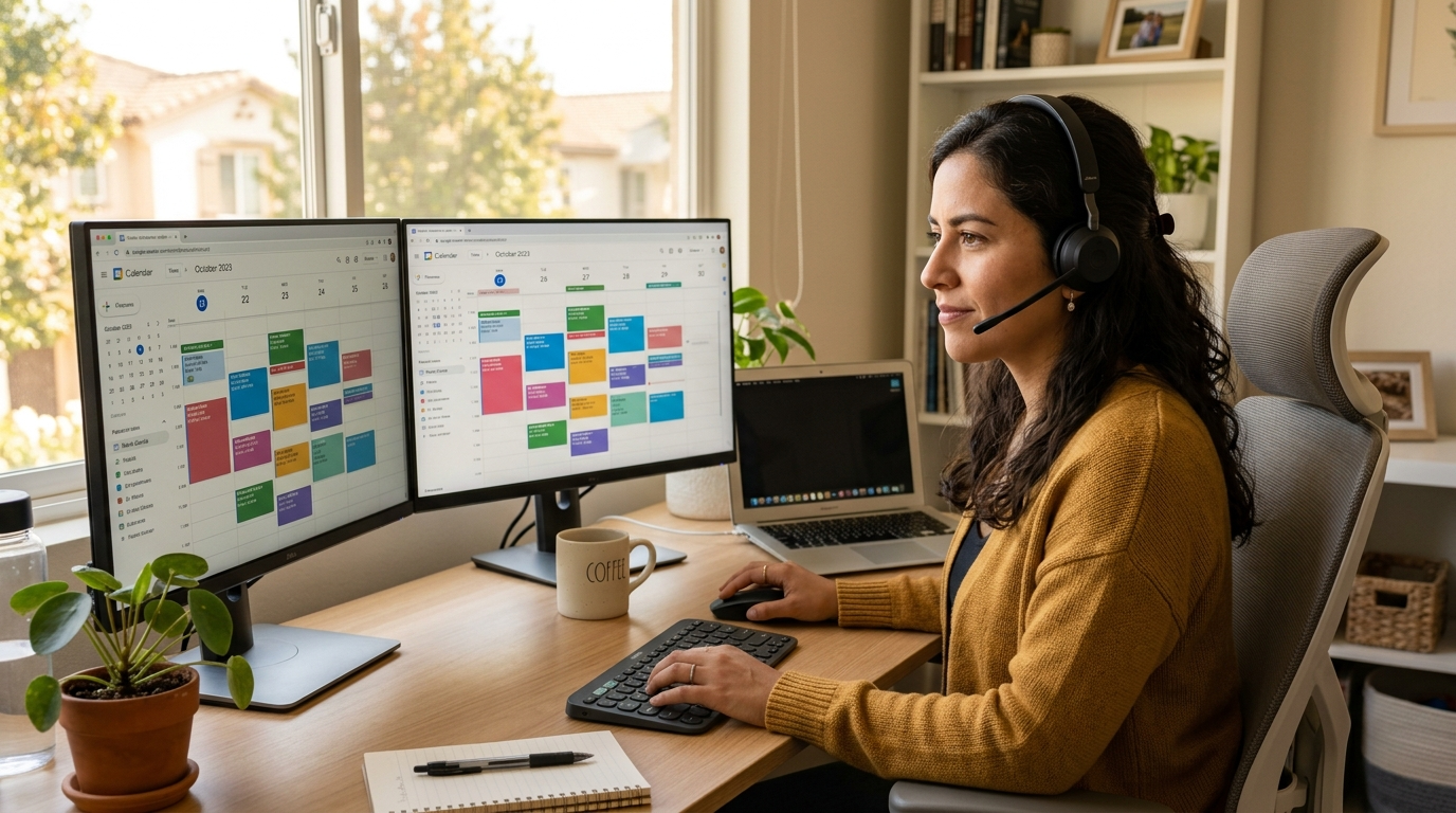 Nearshore chiropractor virtual assistant managing patient scheduling on dual monitors in a Latin American home office