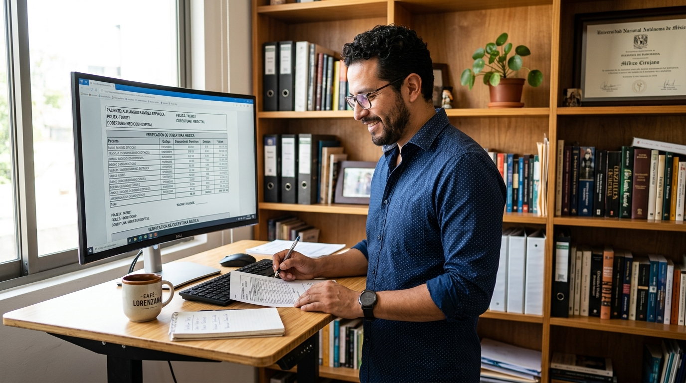 Chiropractor virtual assistant reviewing insurance verification documents on a computer in a Latin American home office
