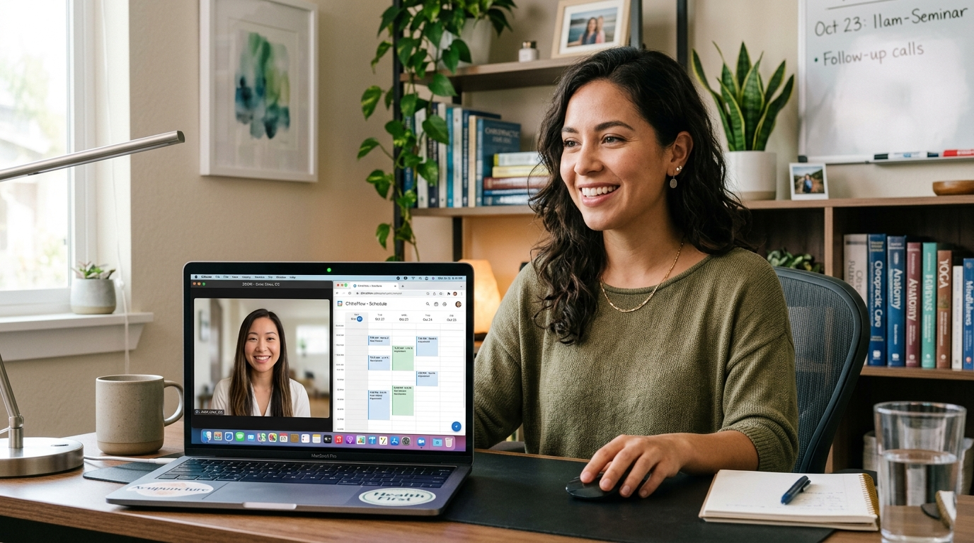 Nearshore chiropractor virtual assistant on a video onboarding call, ChiroTouch scheduling software visible on screen