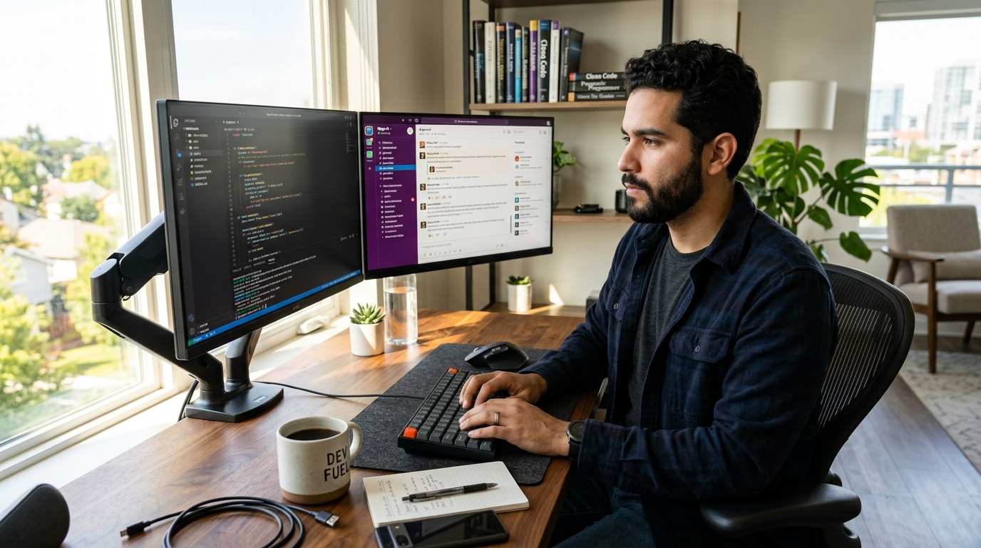 Latin American developer working on coding outsourcing project at dual-monitor home office setup in 2026